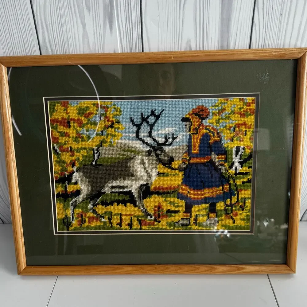 Vintage Scandinavian/Nordic Folk Art Crewel Reindeer Herder 15 x 20 Frozen Sven